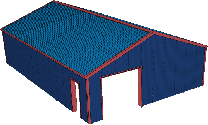 montagehulp1 Illustratie van een eenvoudige, blauw-rode, open schuurconstructie met een schuin dak.