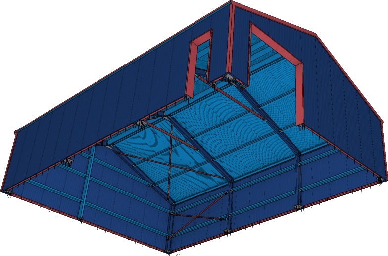 montagehulp2 Illustratie van een metalen frame met een blauw dak en blauwe muren, met dwarsbalken en open uiteinden.