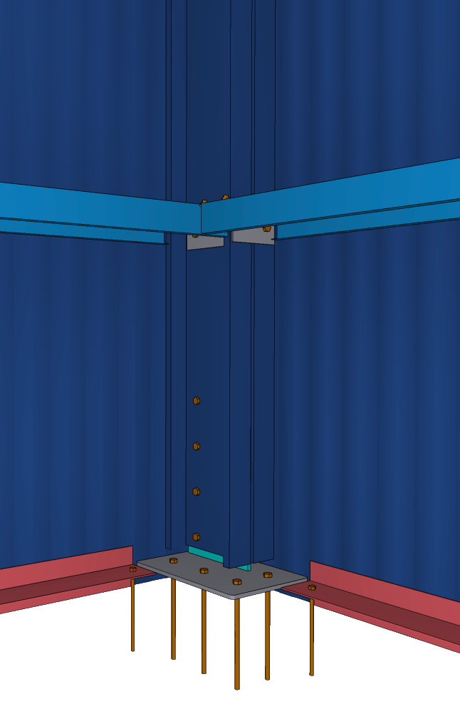 montagehulp3 3D-model van een verbinding van een stalen kolom met een voetplaat, horizontale balken en boutverbindingen.