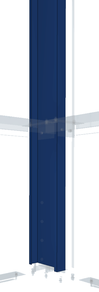 montagehulp4 Illustratie van een blauwe constructiekolom met steunbeugels en voetplaten, ontworpen voor bouwdoeleinden.