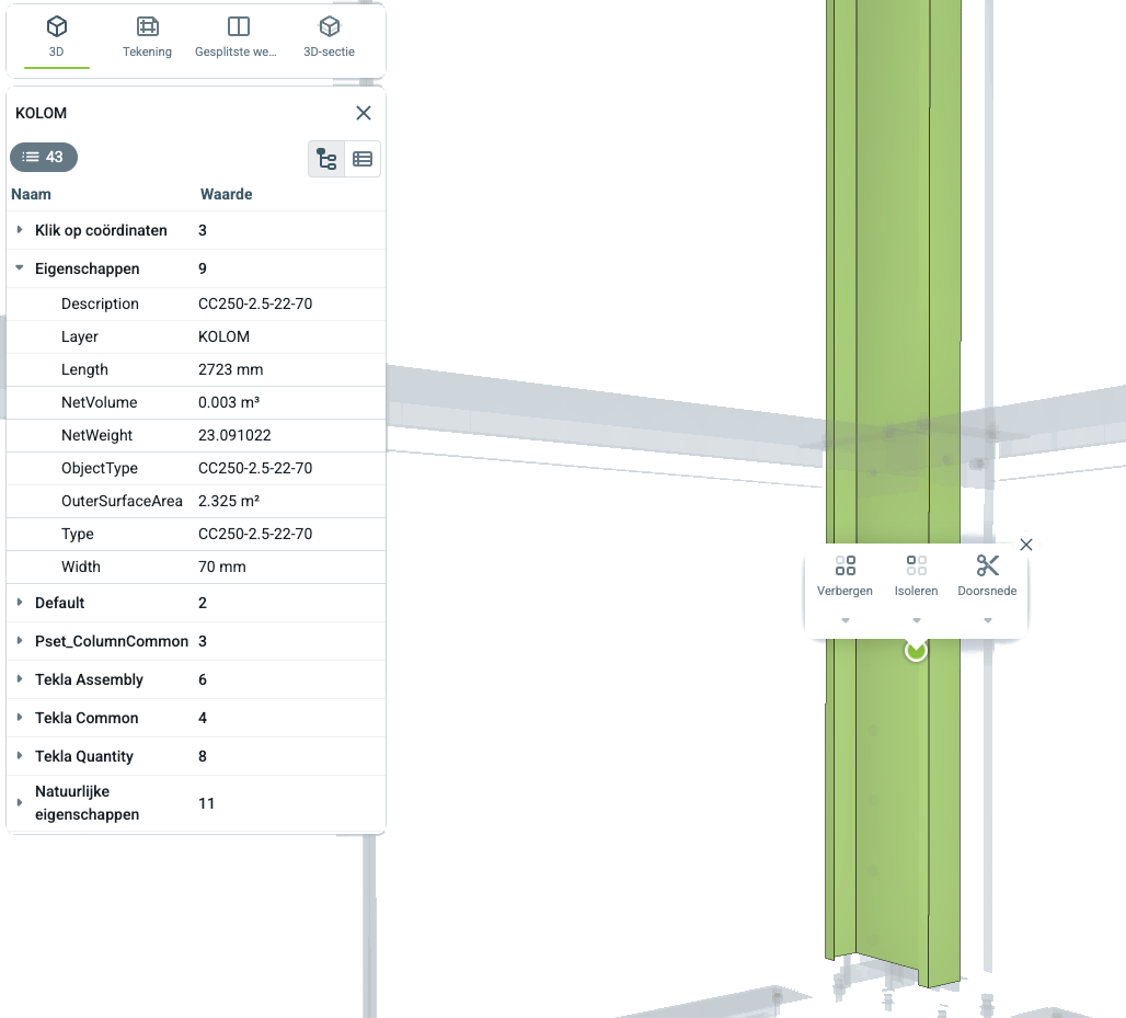 montagehulp5 Een 3D-model van een kolom met specificaties weergegeven, waaronder afmetingen, type en oppervlakte, samen met opties om de modelcomponenten te isoleren of te verbergen.